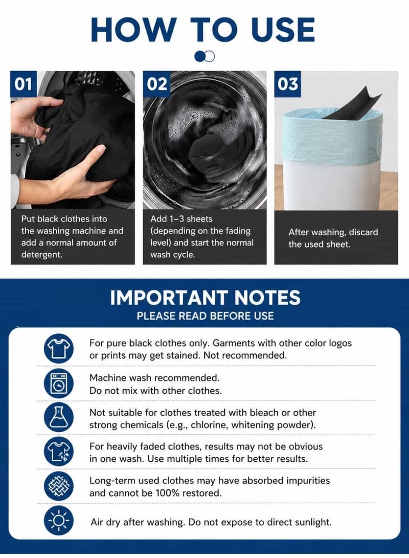 2 In 1 Black Fabric Laundry Sheets, Restore Faded Clothes to Deep Black, Anti-Fading & Fibre Protection, Machine Wash, 10 Sheets - Image 4