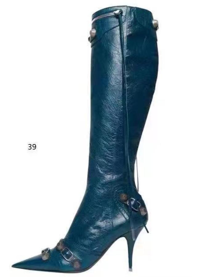 Large Size Women's Shoes Bl British Pointed Thin Heel High Heel Women's Boots Metal Buckle High Barrel Tassel Boots