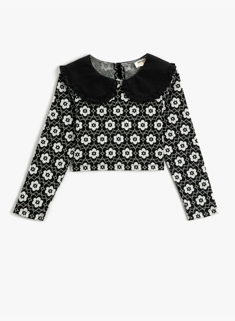 كوتون Crop T-Shirt Long Sleeve Peter Pan Neck