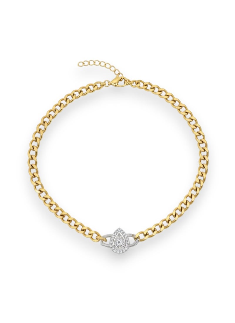 A wide gold-plated chain necklace featuring a teardrop or pear-shaped pendant. It shines in a shiny silver finish and comes with additional links for adjusting the size. - Image 1