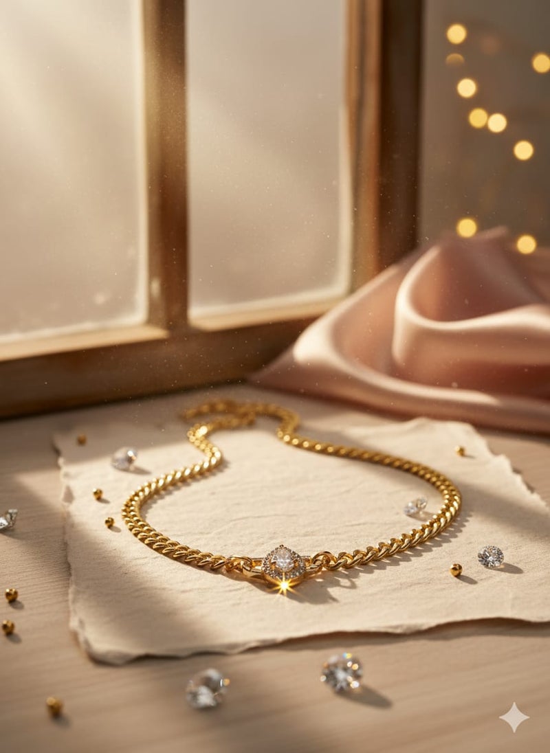 A wide gold-plated chain necklace featuring a teardrop or pear-shaped pendant. It shines in a shiny silver finish and comes with additional links for adjusting the size. - Image 3