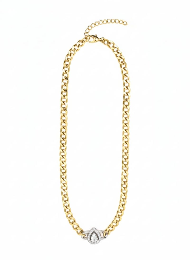 A wide gold-plated chain necklace featuring a teardrop or pear-shaped pendant. It shines in a shiny silver finish and comes with additional links for adjusting the size. - Image 5