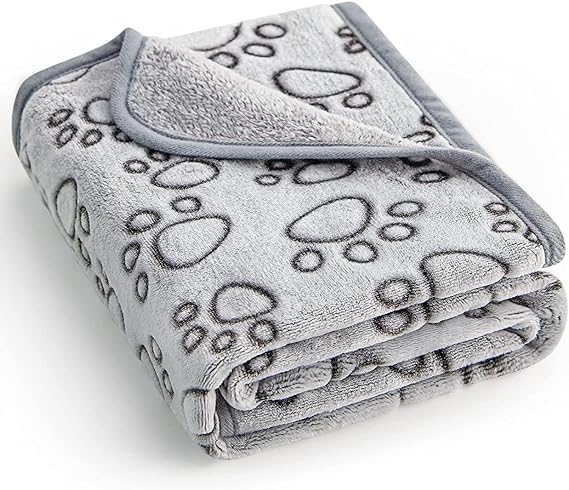 KolorFish Premium Soft Dog Blanket with Cute Paw Print, Cat Blanket Puppy Pads Supplies Dog Products Stuff Essentials (L - 76 x 104 cm) Grey - Image 1