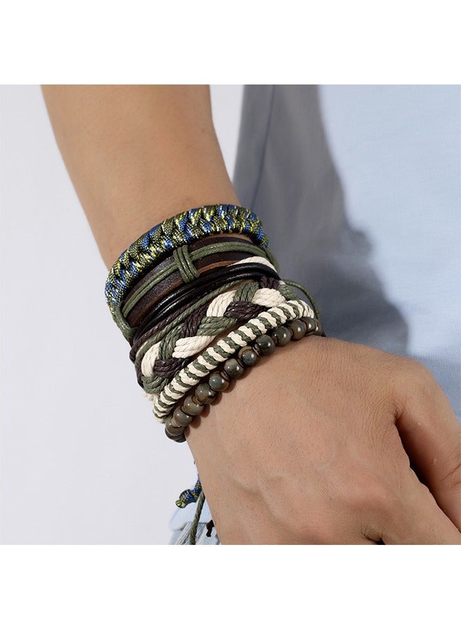 بيوند مجموعة أساور جلدية مضفرة متعددة الطبقات، أساور سحب حبل، إسورة هدية للرجال (أخضر) - Image 5