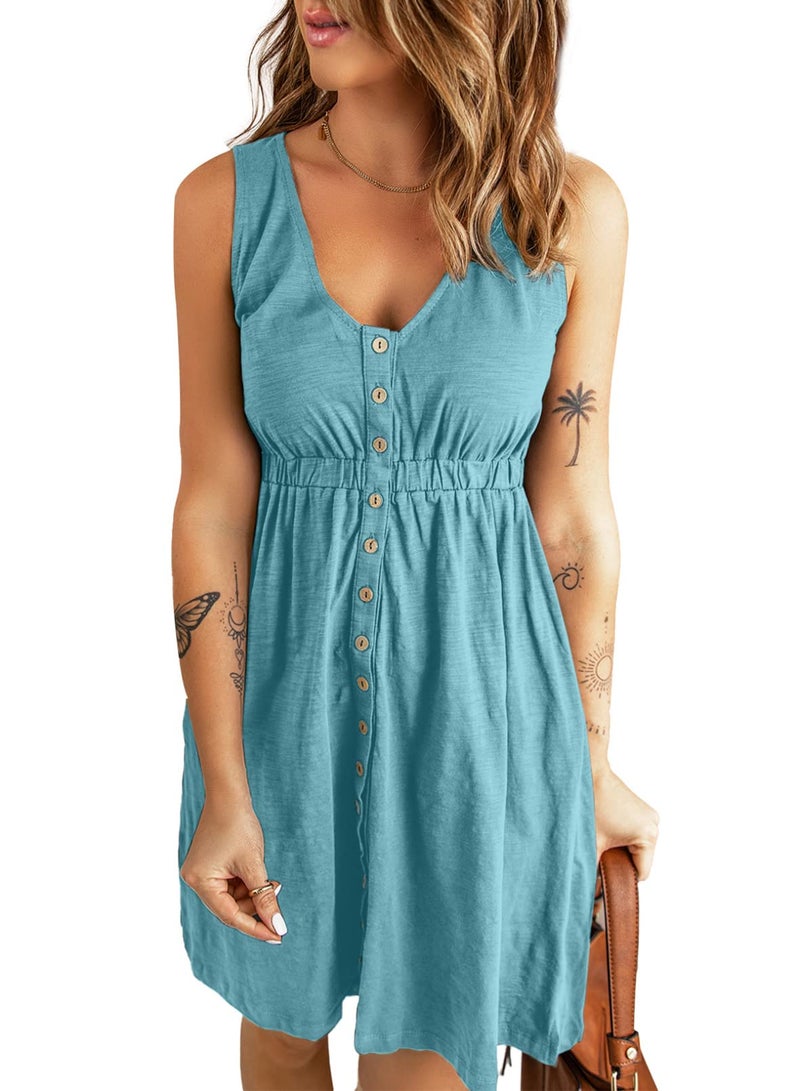 Acelitt Womens Ladies V Neck Sleeveless A Line Dresses Pleated Button Down Swing Mini Dress Cyan Blue Large - Image 1