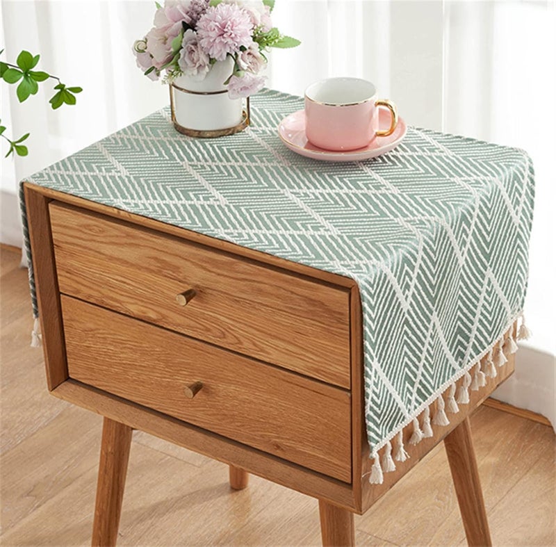 Utobanh Simple Bedside Table Tassel Cover Cloth, Tablecloth Cover Towel, Suitable for Bedside Table TV Microwave Washing Machine Refrigerator Dust Cover (light green, 15.7 * 35.4 inches) - Image 1