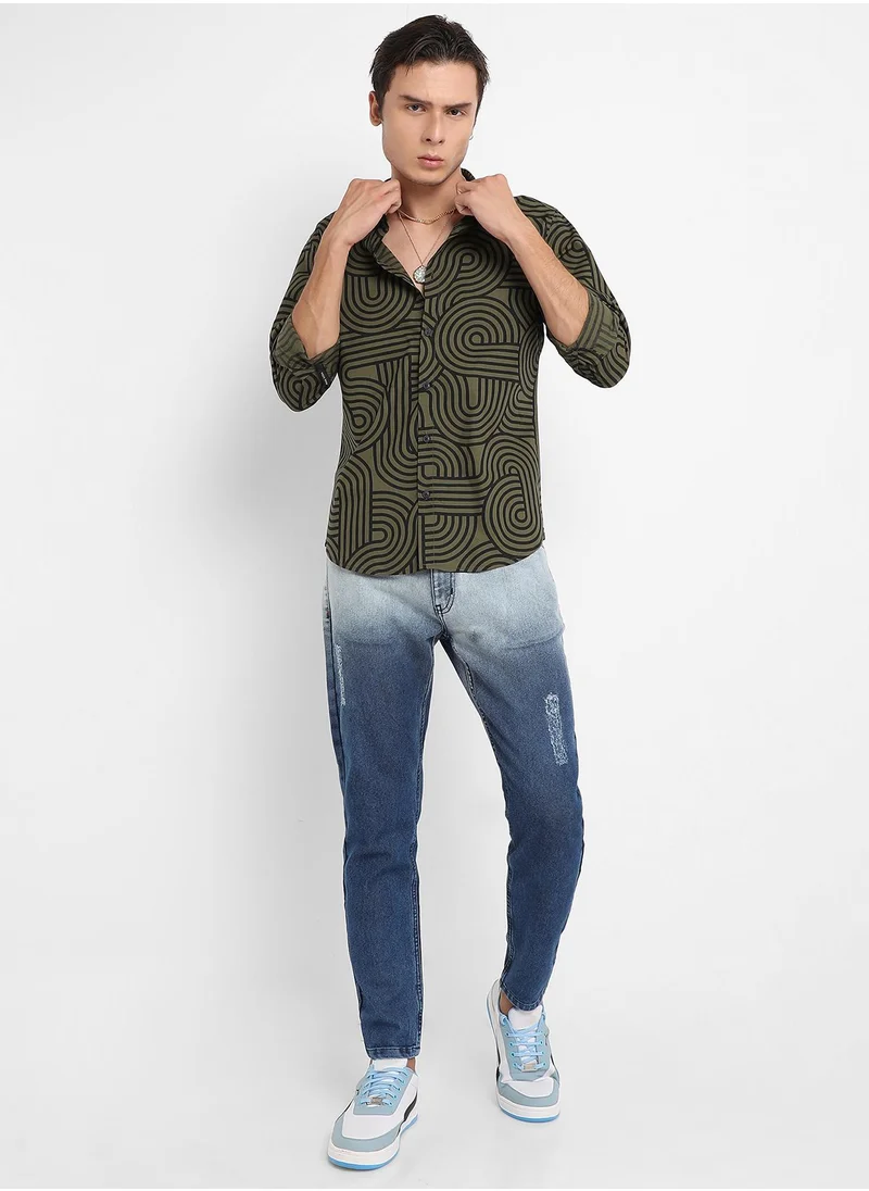 Campus Sutra Men's Olive Green Parallel Swirl Shirt