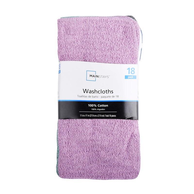 Mainstay MAIN STAYS 18 Pack Assorted Cotton Terry Thin Washcloths Rags (Yellow, White, Lime, Violet) - Image 1