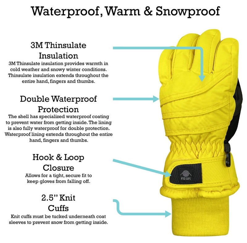 N'Ice Caps Kids Waterproof Winter Thinsulate Warm Gloves (10-12 Years, Yellow) - Image 3