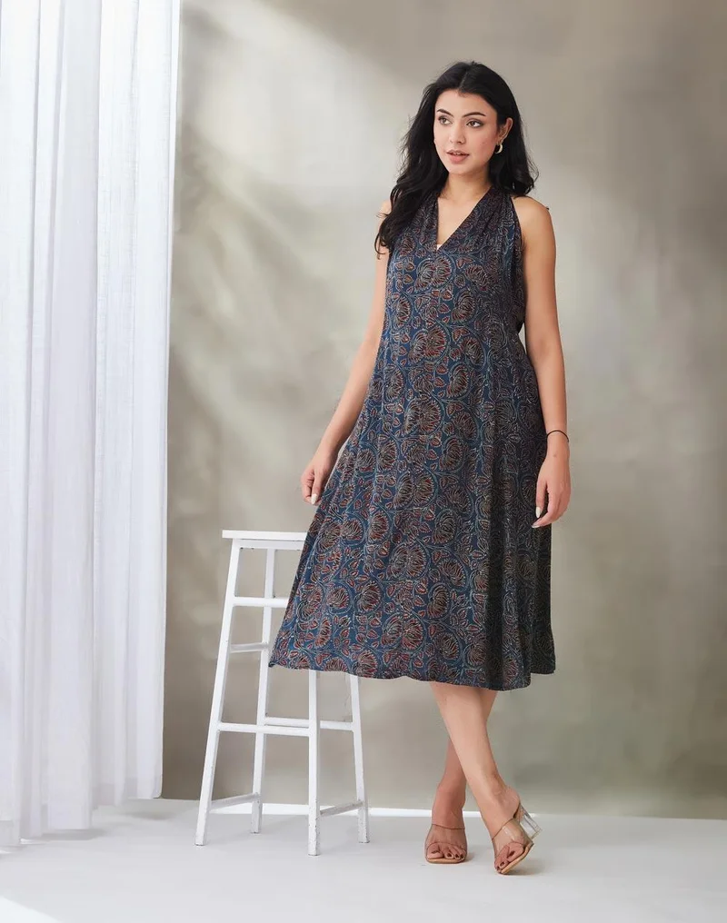 Fabindia Blue Rayon Blend Ajrakh Printed Marilyn Halter Short Dress