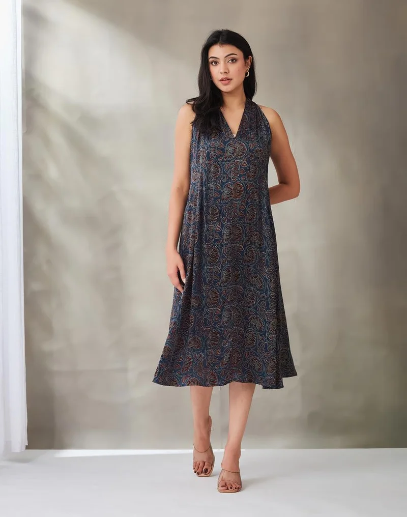Fabindia Blue Rayon Blend Ajrakh Printed Marilyn Halter Short Dress