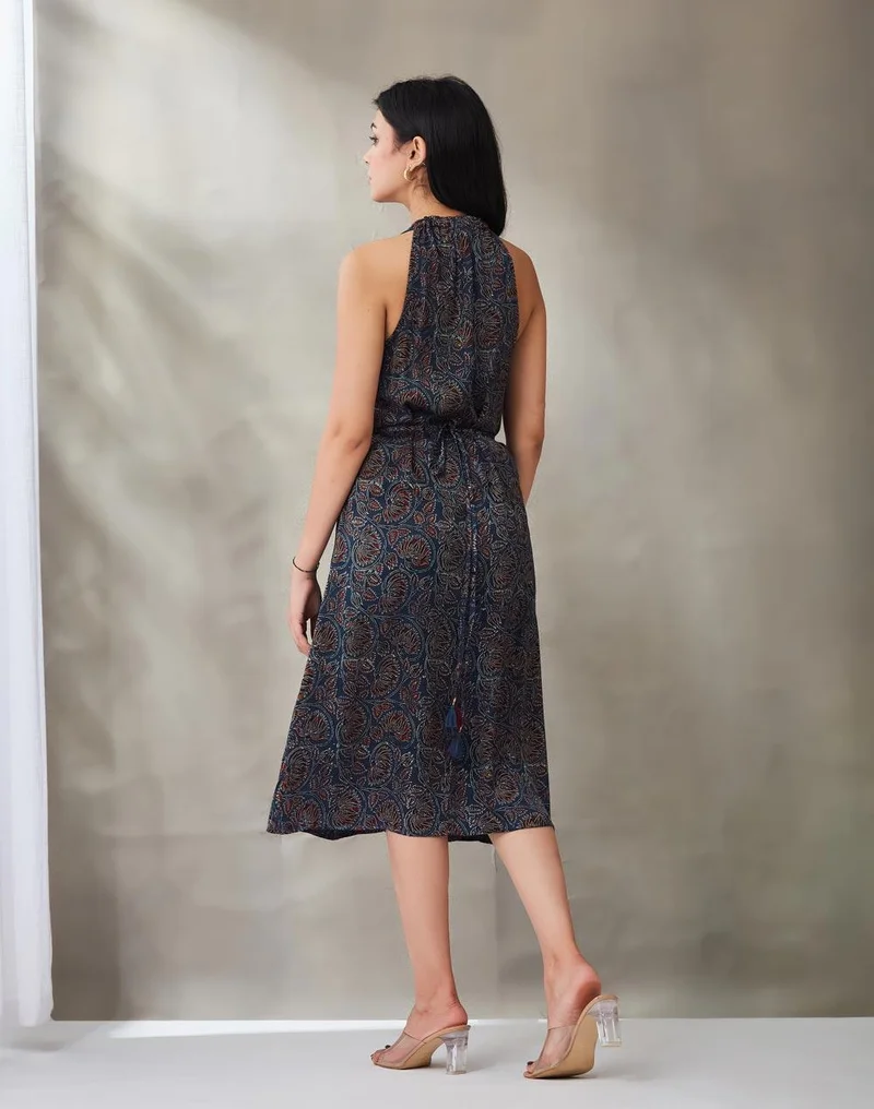 Fabindia  Blue Rayon Blend Ajrakh Printed Marilyn Halter Short Dress for Women | Best Price UAE