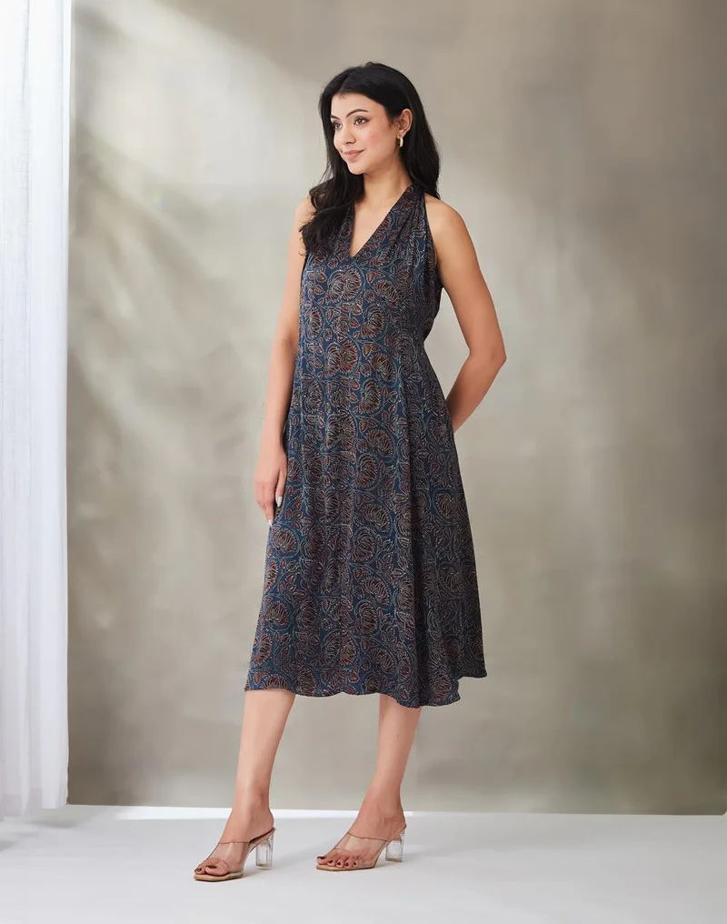 Fabindia  Blue Rayon Blend Ajrakh Printed Marilyn Halter Short Dress for Women | Best Price UAE