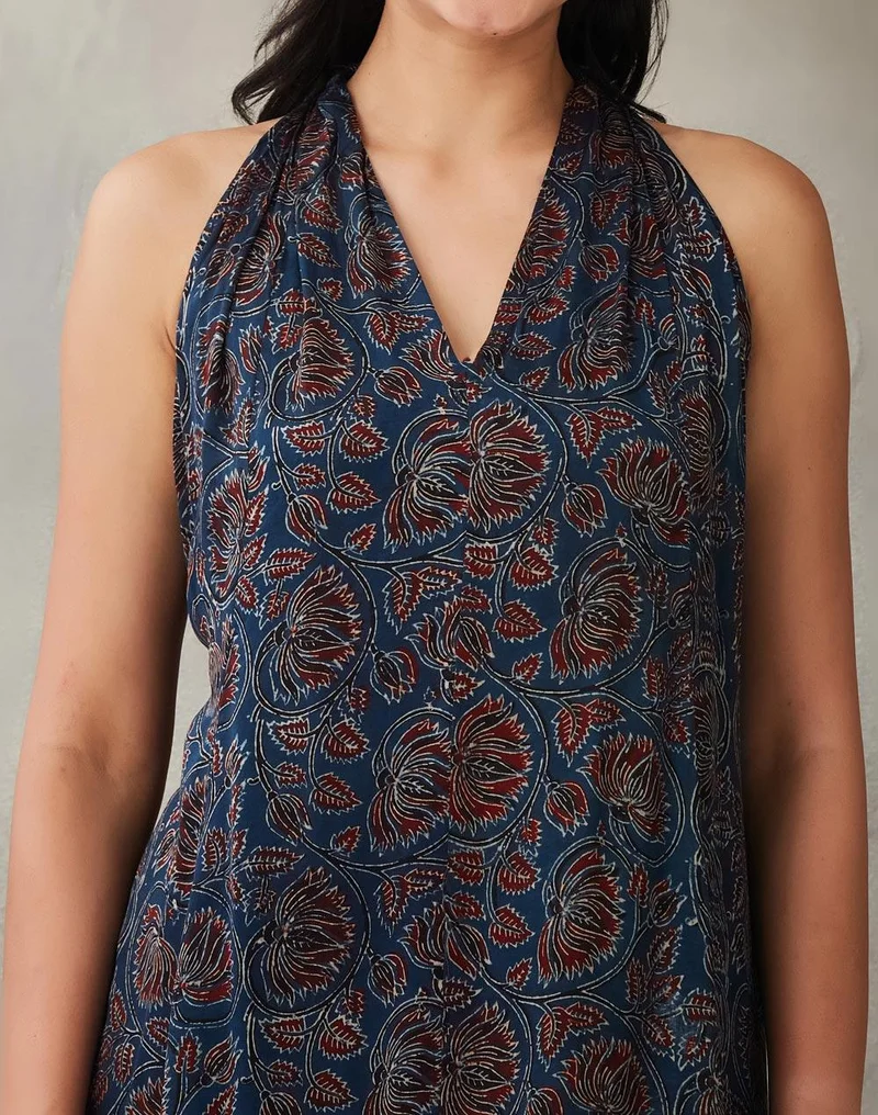 Fabindia  Blue Rayon Blend Ajrakh Printed Marilyn Halter Short Dress for Women | Best Price UAE