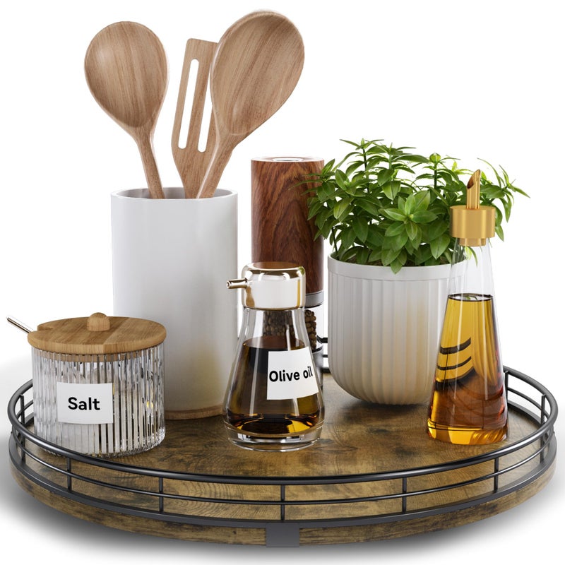 Lazy Susan Turntable Organizer for Table Top 12 Round Wooden Lazy Susan for Cabinet Kitchen Countertop Pantry Dining Coffee Table for Condiments Spices Rustic Bathroom Vanity Tray for Soap Candle