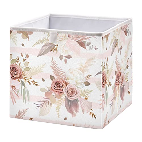 CaTaKu Rose Gold Flower Storage Bins 11 Inch Fabric Storage Baskets for Shelves Foldable Storage Baskets for Organizing Decorative Large Closet Organizers Cubes - Image 1