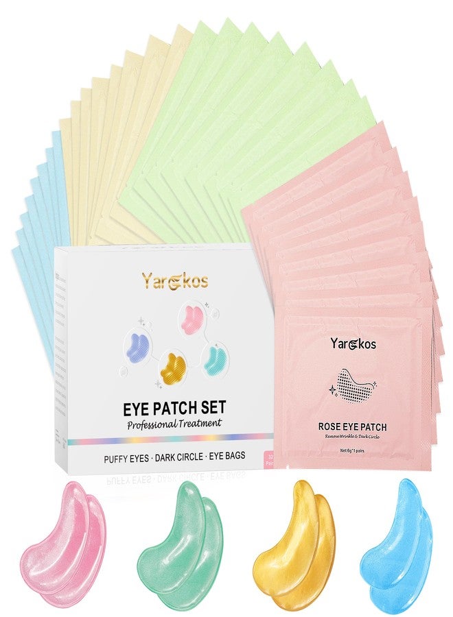 Yargkos 32 Pairs Under Eye Patches, Hydrating Eye Masks for Dark Circles Puffiness Puffy Eyes, Anti Wrinkle Collagen Undereye Pads, 32 Sets Travel Skincare Face Gel (24K Golden+Blue+Pink+Green) - Image 1
