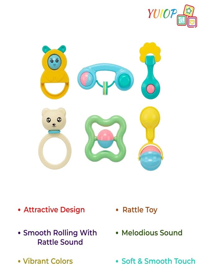 YUIOP - Rattle Set & Teether Toy - Ergonomic Grip - Melodious Sound - Smooth Rolling - Baby Toys - Attractive Colors - Baby Safe (Premium Rattle Set (6 Pcs)) - Image 4