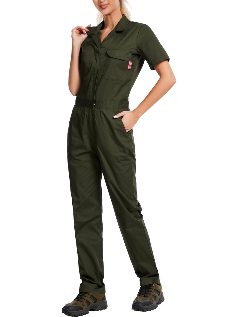 WORK IDEA Women's Short Sleeve Coverall Lightweight Snap-Front Cotton Work Jumpsuit, Army Green, S - Image 3