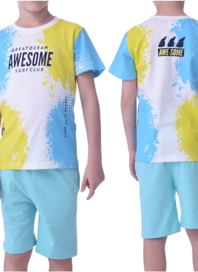 victor and jane Kids Boys 2 piece Set - T-Shirts & Shorts -Light Blue (100% Cotton)  - Image 3