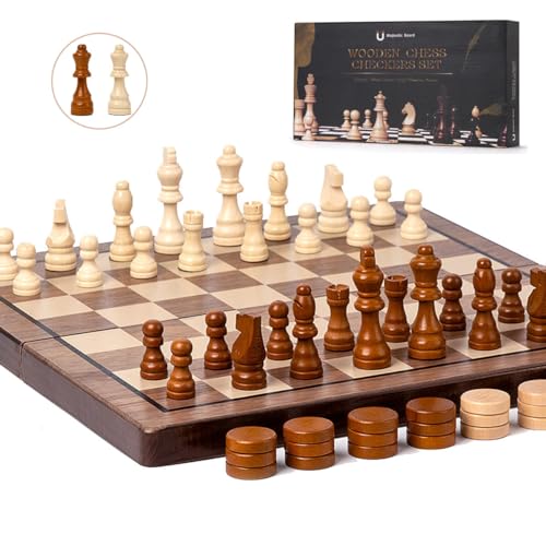 apyr aoma Chess Set 15 Chess Board Wooden Magnetic Folding Chess Board Set for Adults Kids Checkers Game for Kids Portable Travel Chess Game for Beginner 2 Extra Queens Walnut Color - Image 1