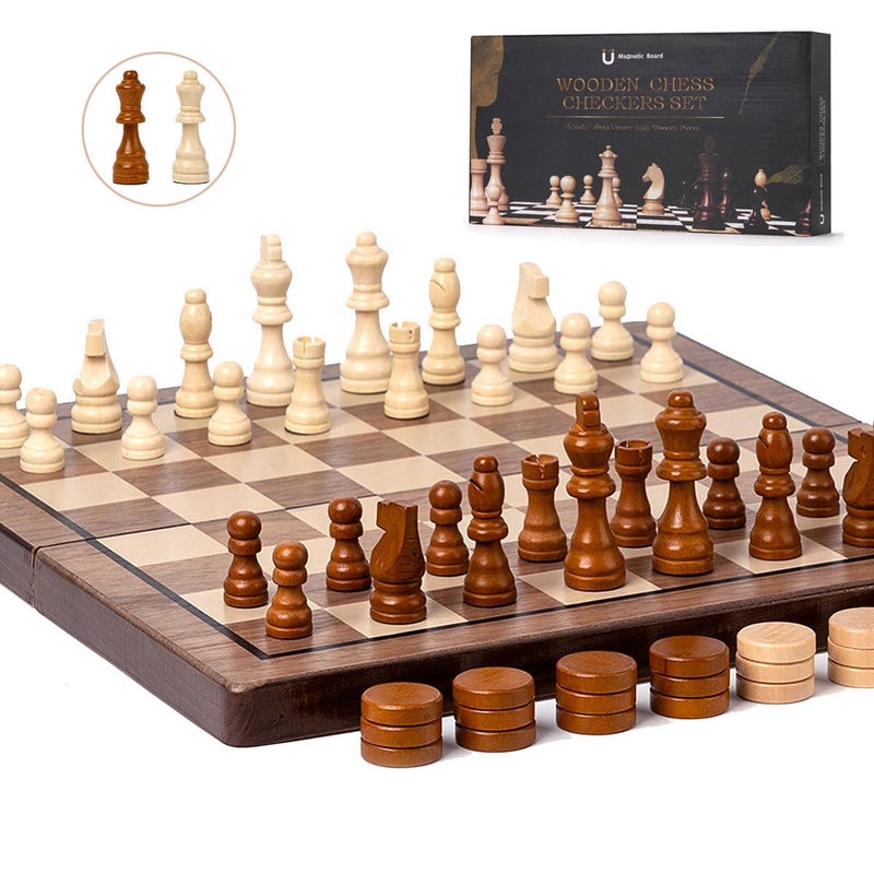 apyr aoma Chess Set 15 Chess Board Wooden Magnetic Folding Chess Board Set for Adults Kids Checkers Game for Kids Portable Travel Chess Game for Beginner 2 Extra Queens Walnut Color - Image 2