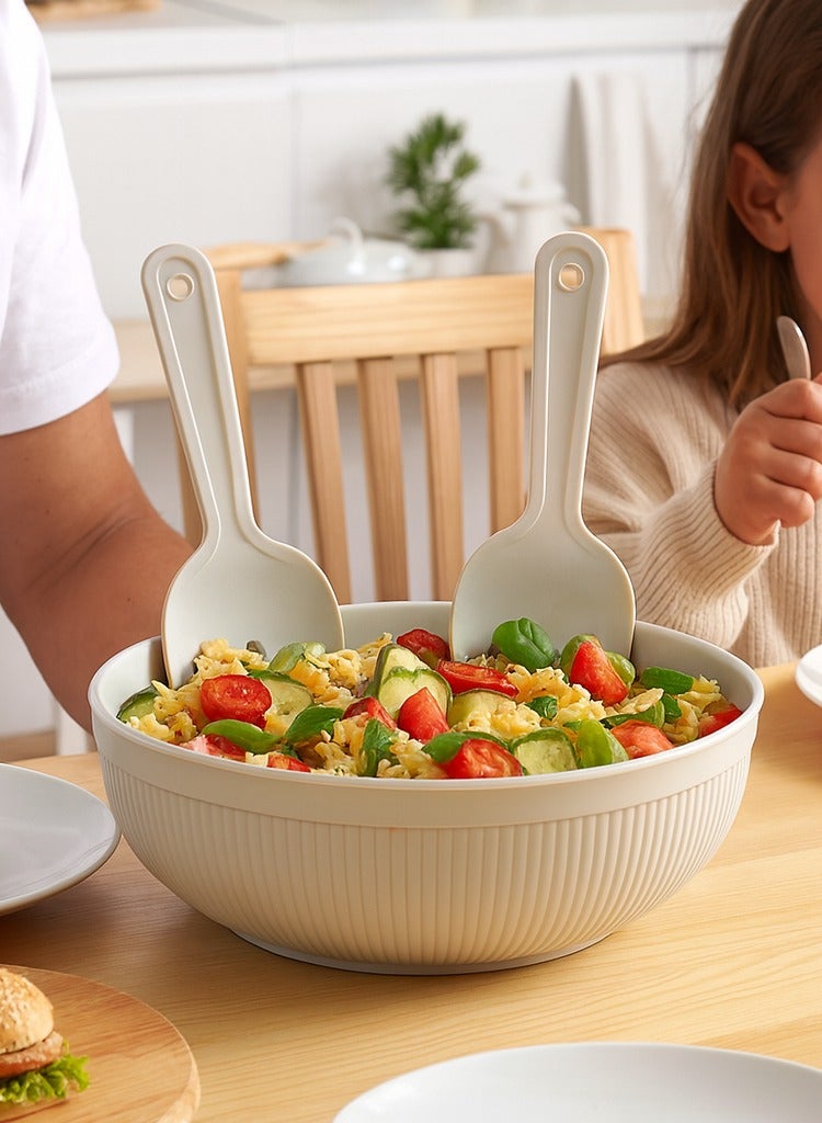 وعاء سلطة مع ملاعق تقديم طقم سلطة كبير بخط شيف مع وعاء خلط وأدوات للمطبخ وغرفة الطعام سعة 4000 مل (بيج) - Image 2