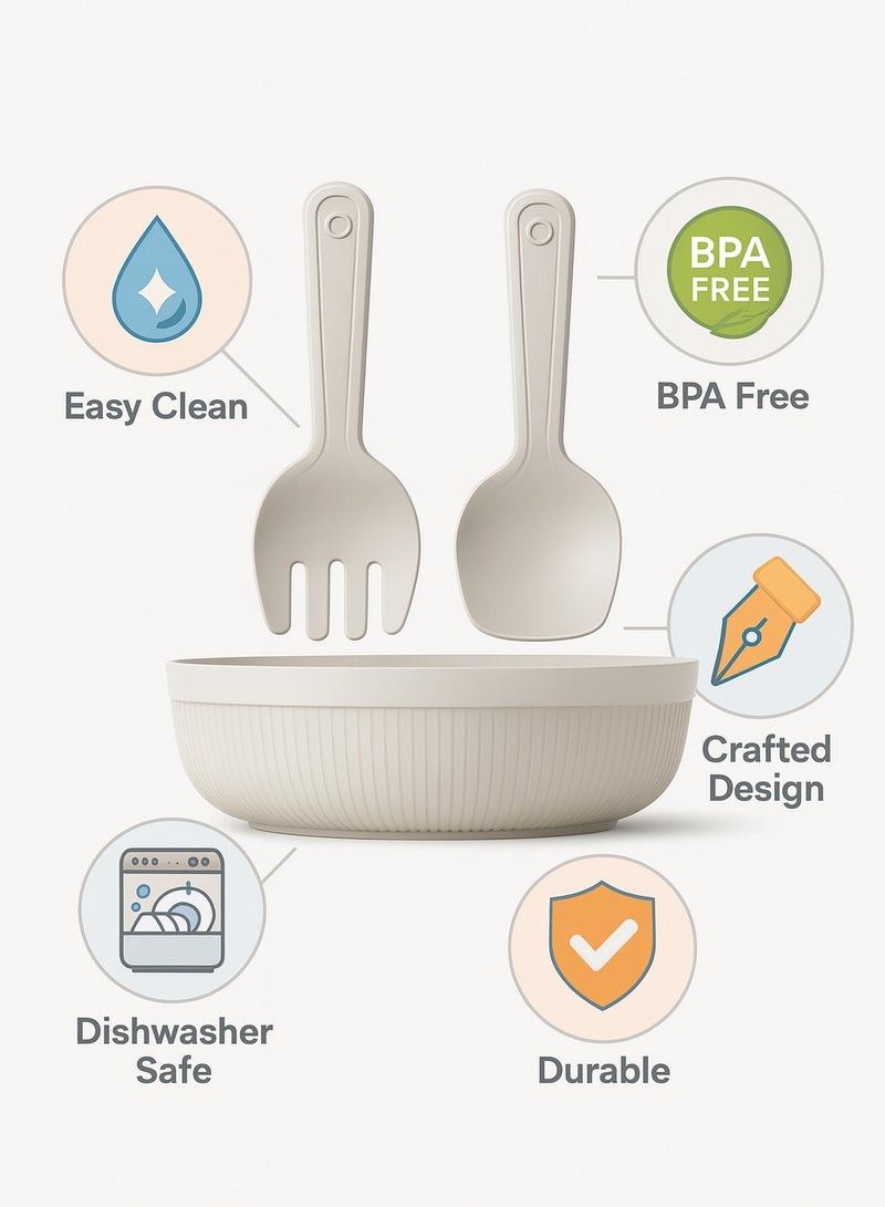 وعاء سلطة مع ملاعق تقديم طقم سلطة كبير بخط شيف مع وعاء خلط وأدوات للمطبخ وغرفة الطعام سعة 4000 مل (بيج) - Image 5