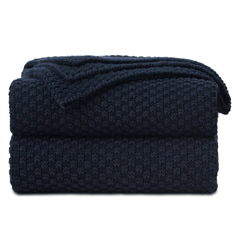 Longhui bedding Dark Navy Blue Knitted Throw Blanket for Couch Soft Cozy Machine Washable 100 Cotton Sofa Knit Blankets Heavy 30lb Weight 51 x 63 Inches Dark Navy Blue Color