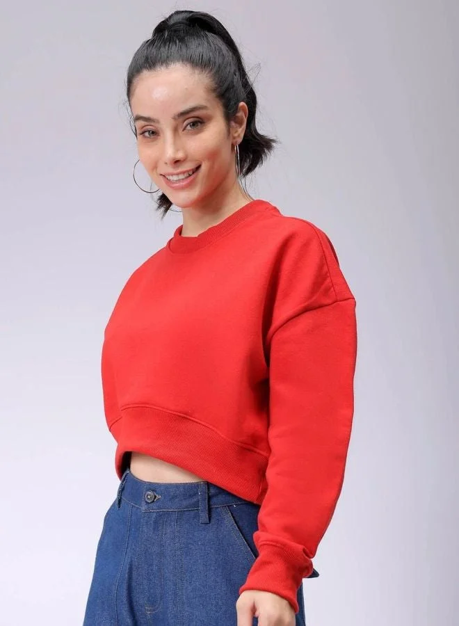Women Relaxed Fit Solid Crew Neck Long Sleeve Cropped Sweatshirt