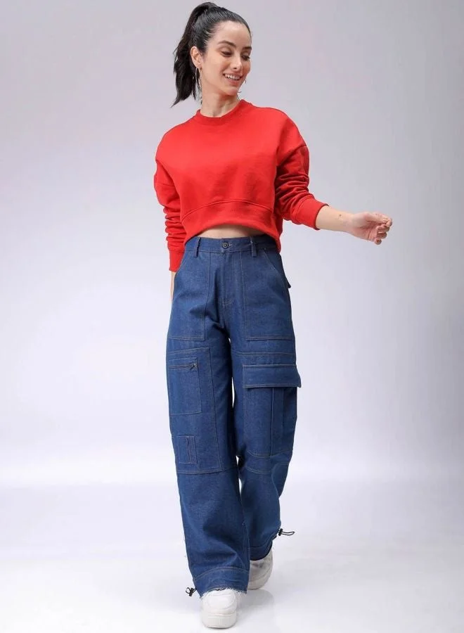 Freehand  Women Relaxed Fit Solid Crew Neck Long Sleeve Cropped Sweatshirt for Women | Best Price UAE