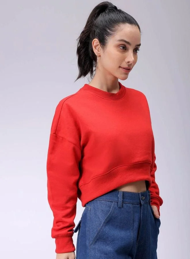 Freehand  Women Relaxed Fit Solid Crew Neck Long Sleeve Cropped Sweatshirt for Women | Best Price UAE
