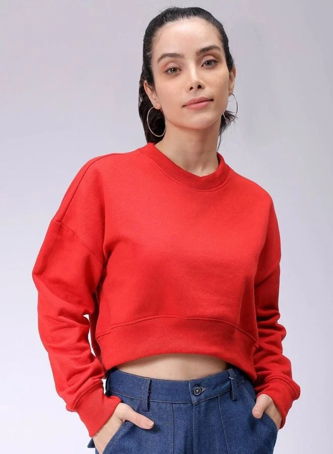 Freehand  Women Relaxed Fit Solid Crew Neck Long Sleeve Cropped Sweatshirt for Women | Best Price UAE