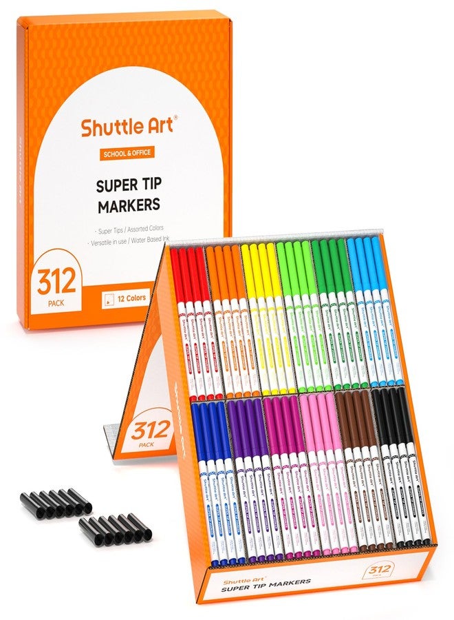 Shuttle Art 312 Pack Washable Super Tips Markers, 12 Assorted Colors Conical Tip Large Markers Bulk with a Box, Bonus Caps, Home Classroom School Supplies for Toddlers Kids Adults Students Teachers - Image 1