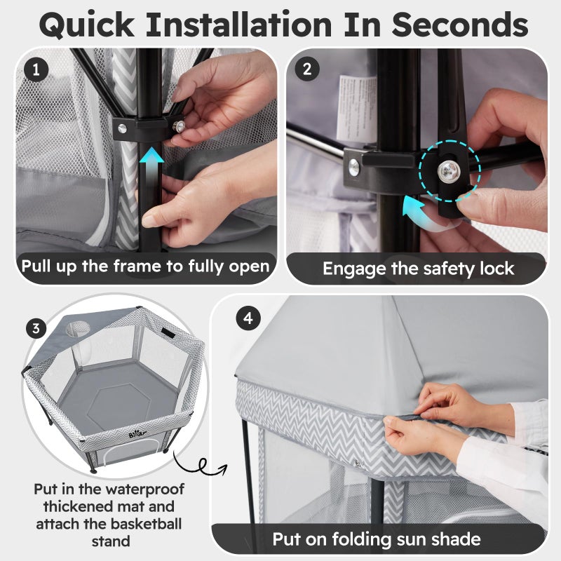 Bear Baby Playpen Foldable Play Yard Playyard with Canopy Mat for Toddlers, Portable Indoor Activity Fence Pack and Play Pet Dog Playpen Collapsible - Image 5