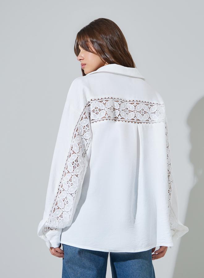 Styli White Lace Trim Oversized Casual Shirt - Image 5