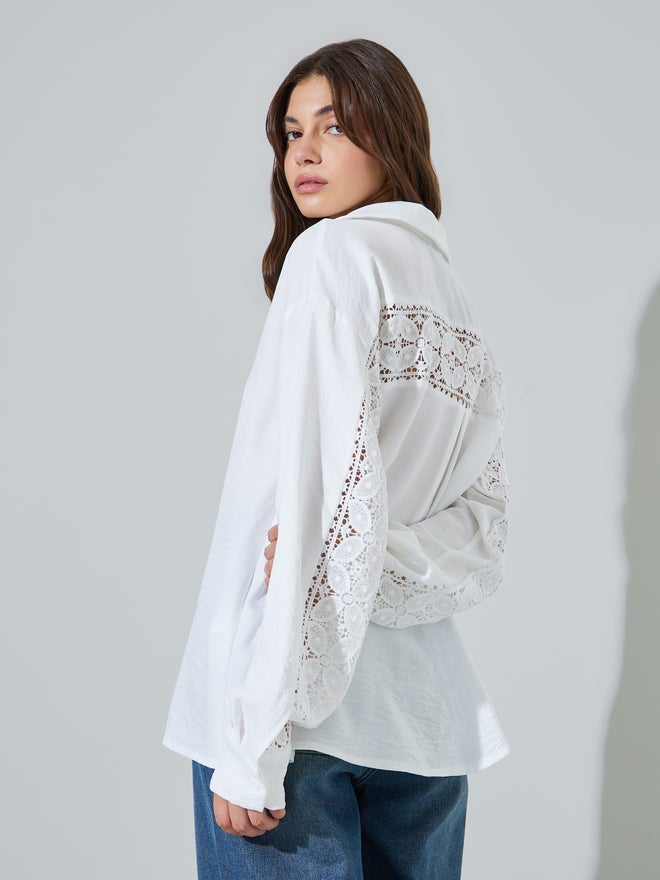 Styli White Lace Trim Oversized Casual Shirt - Image 1