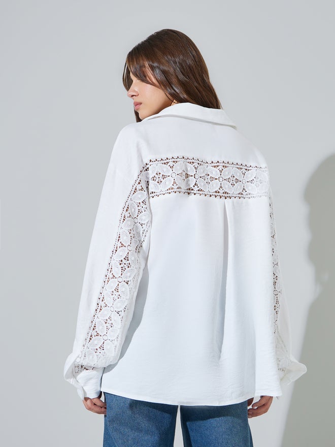 Styli White Lace Trim Oversized Casual Shirt - Image 5