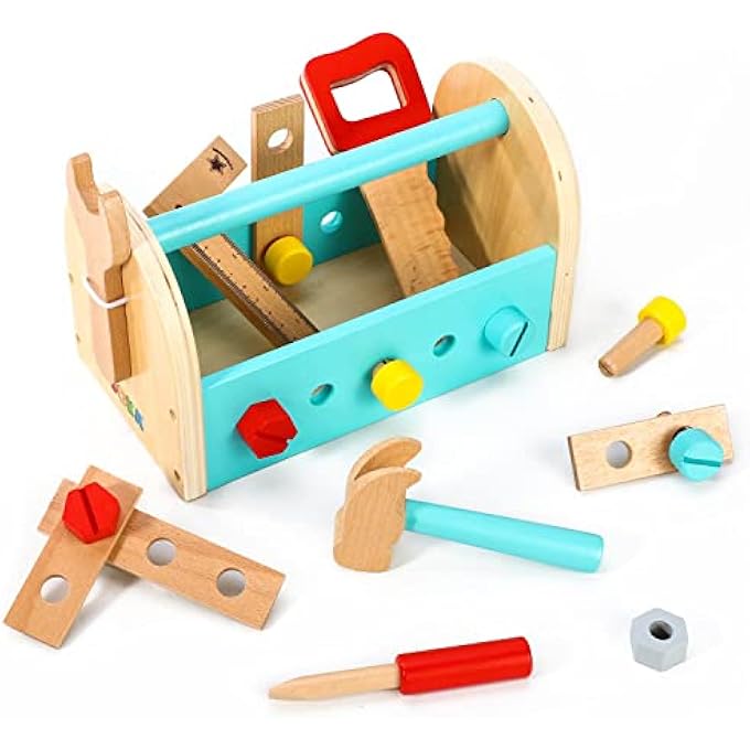 MY FIRST TOOLBOX CARPENTER WOODEN BUILDING TOOLS SET CONSTRUCTION WOOD CRAFT PRETEND BUILDER WOODWORK PRESCHOOL LEARNING TOY FOR KIDS CHILDREN BOYS GIRLS AGES 3 YEAR OLD + - Image 2