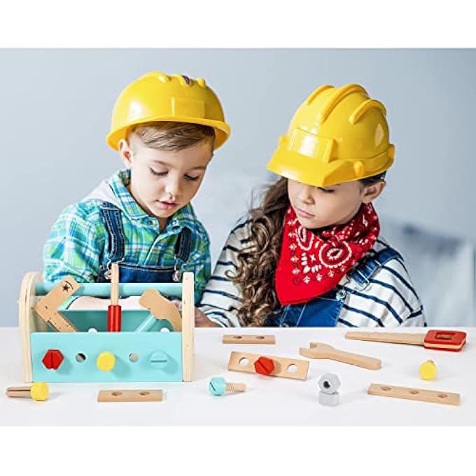 MY FIRST TOOLBOX CARPENTER WOODEN BUILDING TOOLS SET CONSTRUCTION WOOD CRAFT PRETEND BUILDER WOODWORK PRESCHOOL LEARNING TOY FOR KIDS CHILDREN BOYS GIRLS AGES 3 YEAR OLD + - Image 3