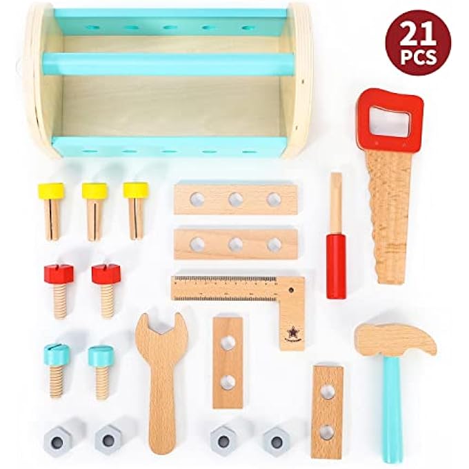 MY FIRST TOOLBOX CARPENTER WOODEN BUILDING TOOLS SET CONSTRUCTION WOOD CRAFT PRETEND BUILDER WOODWORK PRESCHOOL LEARNING TOY FOR KIDS CHILDREN BOYS GIRLS AGES 3 YEAR OLD + - Image 4