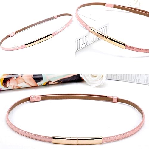 CaserBay Women's Belt Dress Fashion Patent Leather Belts Adjustable 22"- 36" Skinny Slim Belt Genuine Leather Gold Color Buckle Waistband, Peach-Pink - Image 2