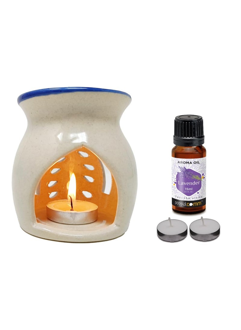 PeepalComm Peepalcomm White and Blue Ceramic Aroma Diffuser Oil Burner with 15Ml Lavender Oil 2 Pcs TLight Candles Strong LongLasting Aroma Fragrance  - Image 1