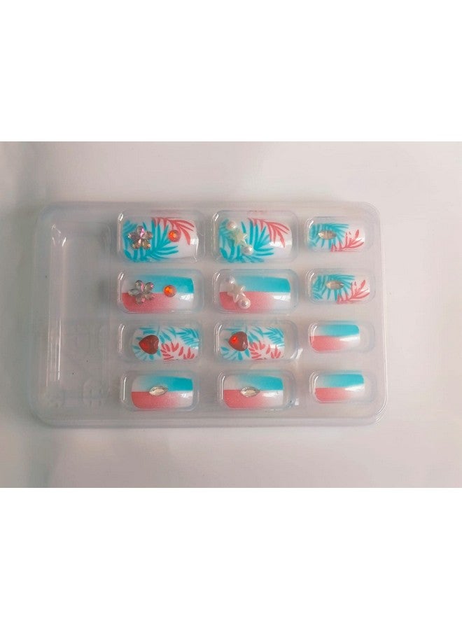 Pmw - Ocean Green Color Artificial Nails - 3D Fake Nail Extension With Glue Sticker Sheets - Pack Of 12 - Image 3