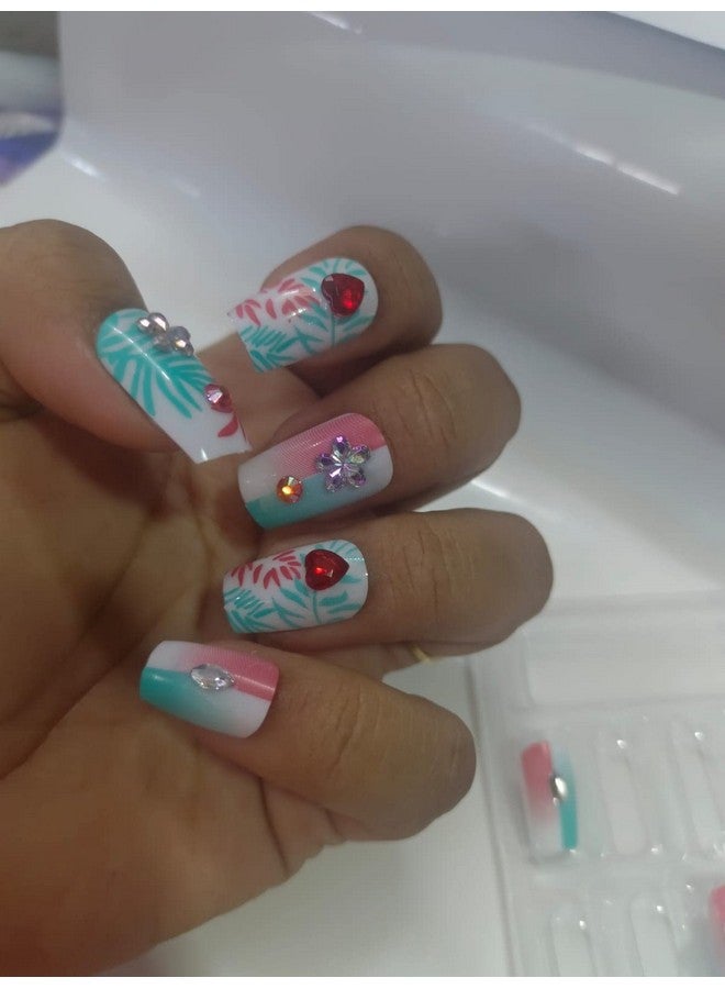 Pmw - Ocean Green Color Artificial Nails - 3D Fake Nail Extension With Glue Sticker Sheets - Pack Of 12 - Image 2