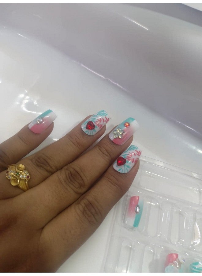 Pmw - Ocean Green Color Artificial Nails - 3D Fake Nail Extension With Glue Sticker Sheets - Pack Of 12 - Image 1