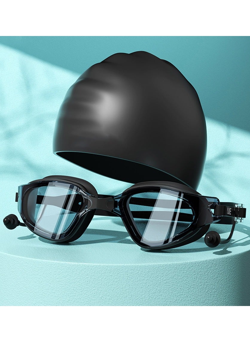 Swim Goggles and Cap Set Men Women Adult Swimming Goggles for Men UV Protection Silicone Swim Cap No Leaking Anti Fog Swim Goggles for Adult Bring earplugs (Black)