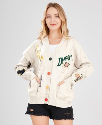 ebossy Women's Cable Knit Long Sleeve Open Front Cardigan Sheep V-Neck Button Down Embroidery Wool Blend Sweater Coat Outwear (2XL,Beige) - Image 2