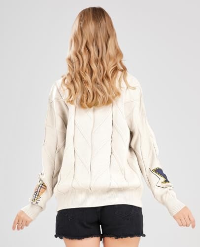 ebossy Women's Cable Knit Long Sleeve Open Front Cardigan Sheep V-Neck Button Down Embroidery Wool Blend Sweater Coat Outwear (2XL,Beige) - Image 3
