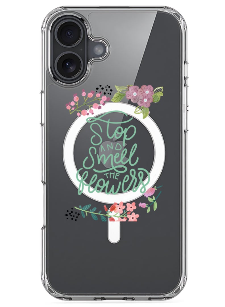 Theodor iPhone 16 Magsafe Magnetic Case Compatible with Wireless Charging, Shockproof Phone Bumper Cover - Stop & Smell Flowers - Image 1